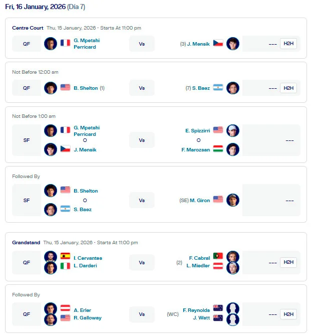 atp auckland partidos viernes16 enero 2026